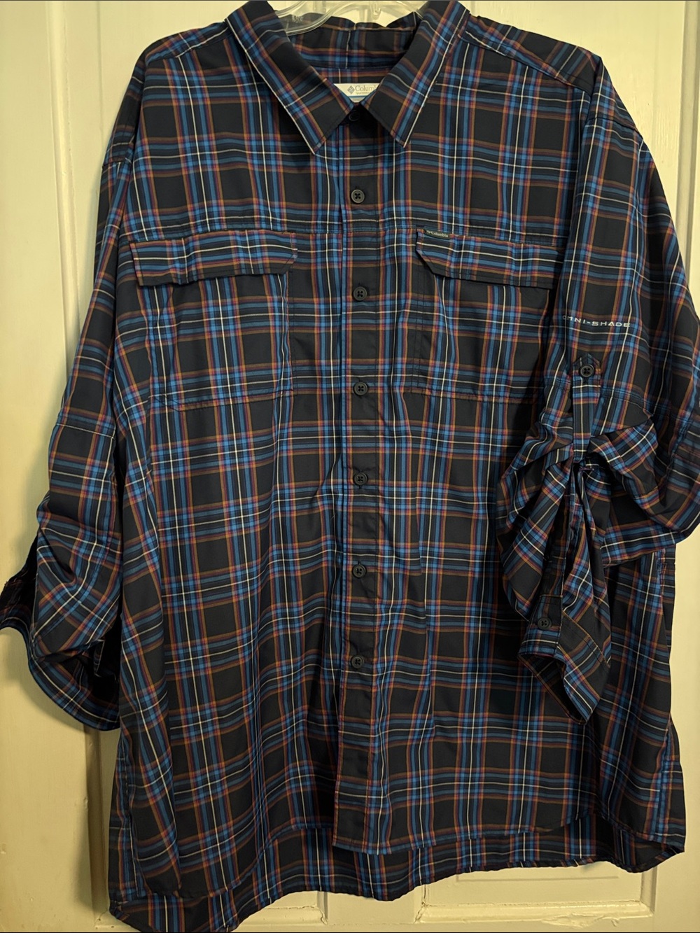 Columbia Men's Plaid Button-Down Shirt in Navy, Blue, and Orange